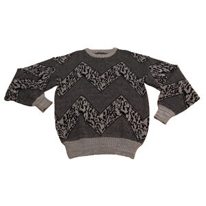 Barnaby Men Large Sweater Knit Crewneck Pullover Gray Chevron VTG Grandpa 80s